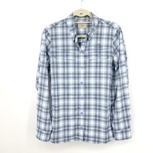LL Bean Women Size Medium Shirt Button Down Top Blue White Checkered Plaid Nylon
